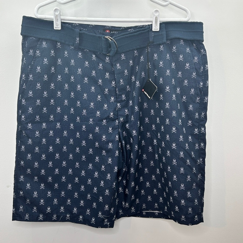 Airwalk Mens Skull Print Flat Front Shorts Navy Blue Size 38 Belted NWT